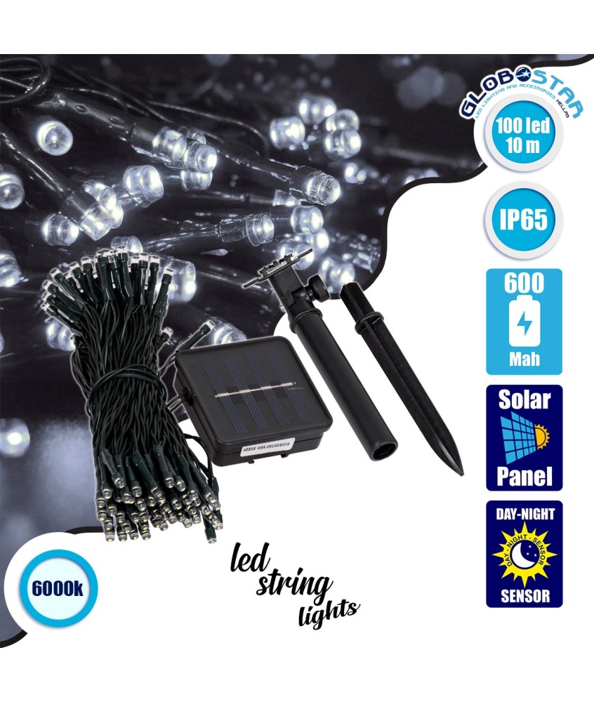 85808 Διακοσμητική Γιρλάντα 10 Μέτρων με Controller 8 Προγραμμάτων Φωτισμού - 100 LED 4W με Ενσωματωμένη Μπαταρία 600mAh - Φωτοβολταϊκό Πάνελ - Αισθητήρα Ημέρας-Νύχτας - Βάση Κήπου & Σκούρο Πράσινο Καλώδιο Αδιάβροχη IP65 Ψυχρό Λευκό 6000K Μ10m